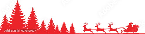 Red silhouette of Santa Claus in sleigh pulled by reindeer through forest Christmas scene