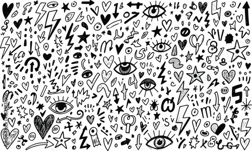 Abstract black and white hand-drawn doodle pattern featuring various symbols like hearts, stars, eyes, lightning bolts, and arrows creating a chaotic and energetic background.