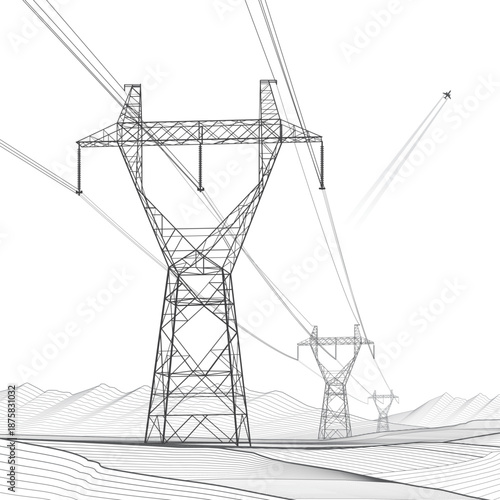 High voltage transmission systems. Electric pole. Power lines. Energy pylons. Black outlines image on white background. A network of interconnected electrical. Vector design illustration