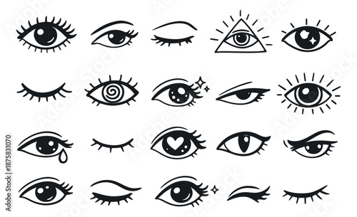 Hand drawn doodle eye set featuring open and closed eyes with diverse expressions and mystic symbols for design projects