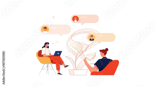 Two colleagues engaged in a productive meeting with laptops and conversation