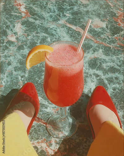1970s retro aesthetic with red fruit cocktail and woman in red platform shoes and yellow pants