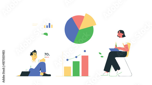 People working with laptops and analyzing colorful business charts and graphs