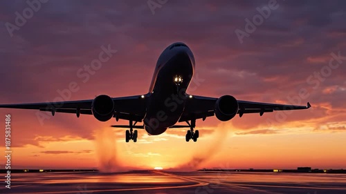 Large airplane departing from a wet runway at stunning sunset, colorful sky reflected