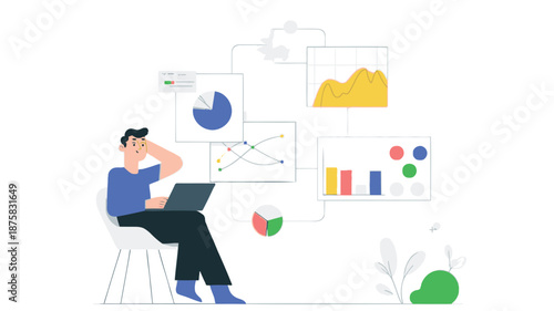 Businessman analyzing data on laptop with various charts and graphs