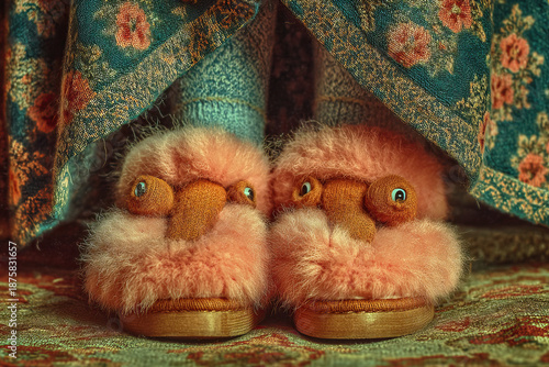 Pair of funny fuzzy pink monster slippers with large eyes on a carpet floor retro style