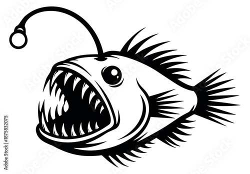 Graphic illustration of an anglerfish depicting an open mouth and sharp teeth for deep sea designs