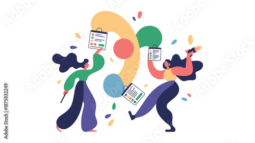 Two businesswomen analyzing data with clipboards in modern office setting