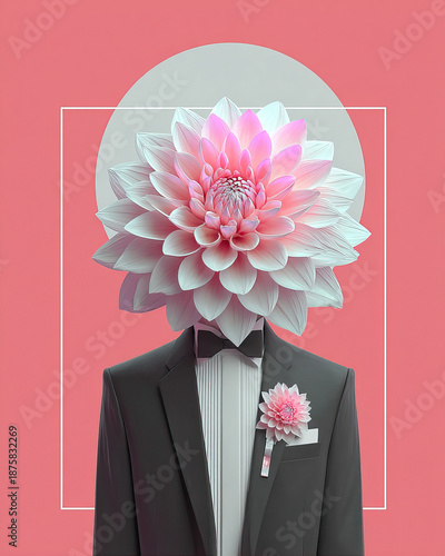 Surreal Victorian gentleman in black suit with giant flower head on pink background