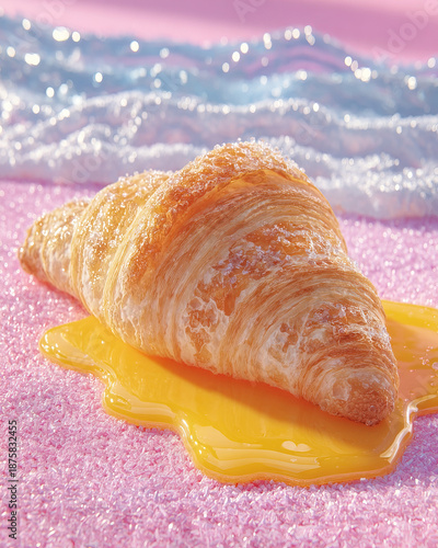 Fresh buttery croissant with honey drip on pink sugar crystal background Keywords