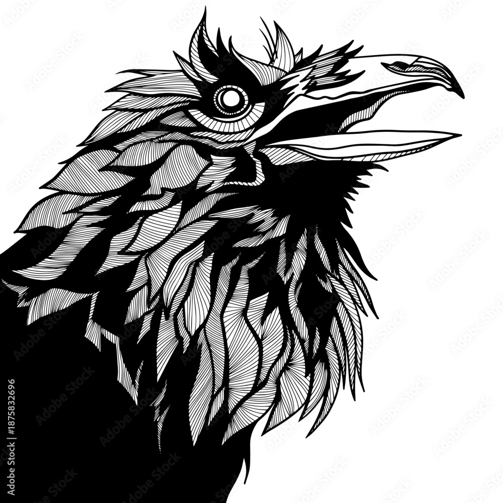 Fototapeta premium Vector illustration of a raven in dark graphic style. Black and white bird with detailed feathers, mystical and gothic aesthetic, isolated on white background.