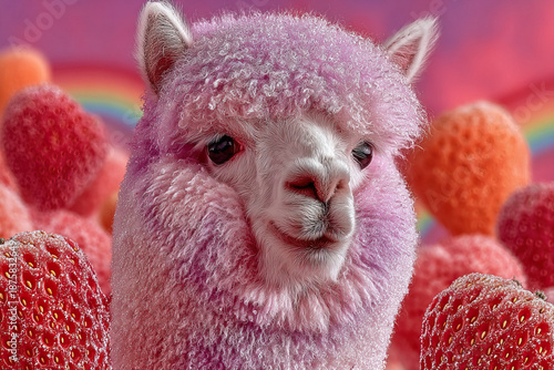 Surreal pink llama in dreamlike landscape with giant strawberries and rainbow