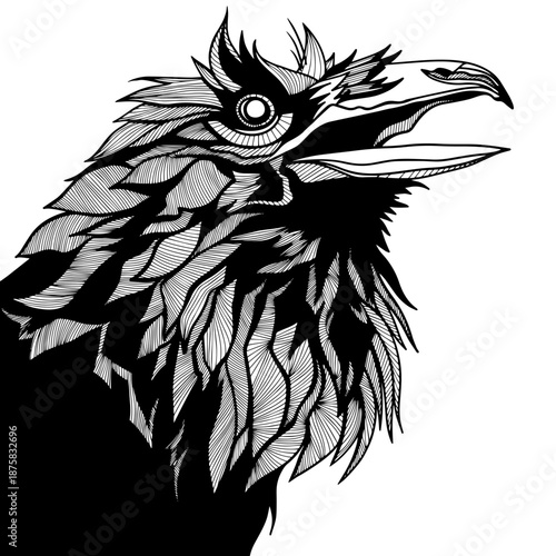 Vector illustration of a raven in dark graphic style. Black and white bird with detailed feathers, mystical and gothic aesthetic, isolated on white background.