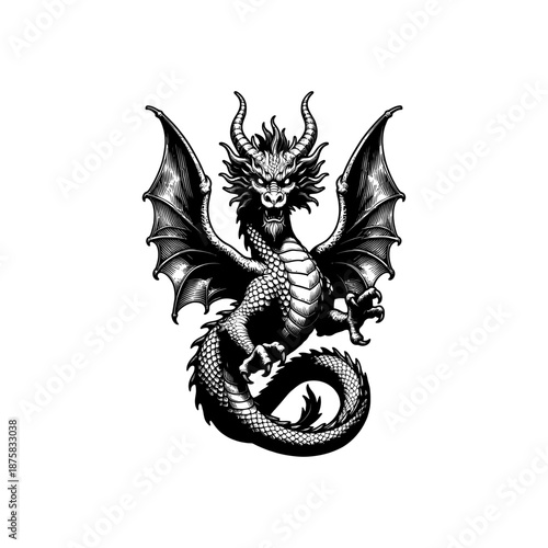 Medieval heraldic dragon engraving.