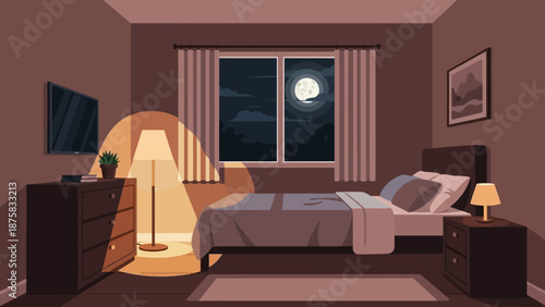 Cozy Bedroom Scene at Night with Full Moon Illuminating Through the Window, Creating a Tranquil and Relaxing Ambiance
