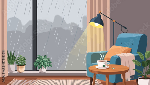 Cozy armchair by the window with a warm cup of tea on a rainy day, perfect for relaxation and comfort