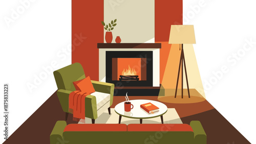 Cozy living room scene with a fireplace, armchair, sofa, coffee table with books, and a floor lamp creating a warm and inviting atmosphere