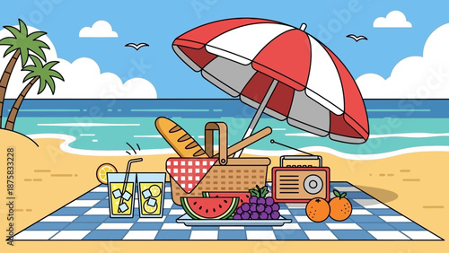 Enjoying a refreshing summer picnic on a tropical beach with delicious food, cold drinks, and music under a large umbrella