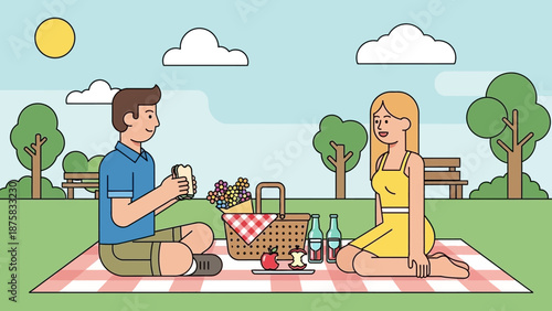 Happy Couple Enjoying a Relaxing Summer Picnic in the Park, Sharing Food and Laughter Outdoors on a Sunny Day