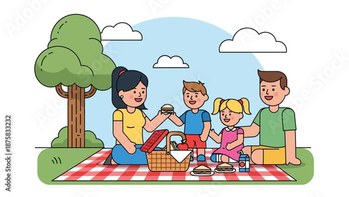 Happy Family Enjoying a Leisurely Outdoor Picnic in Nature, Sharing Food and Precious Moments Under a Shady Tree