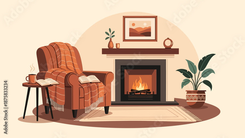 Cozy autumnal evening scene with an inviting armchair and warm fireplace creating a perfect atmosphere for relaxation and reading