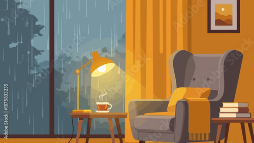 Cozy armchair illuminated by a warm lamp beside a window with a rainy landscape and a steaming cup of tea