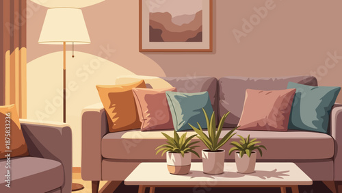 Cozy living room with a plush sofa, decorative pillows, and potted plants on a coffee table, bathed in warm lamp light