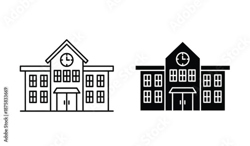 Two school building icons in black and white line art style for educational or architectural themes