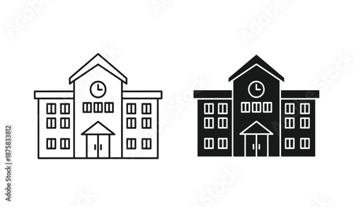 Two school building icons in black and white on a pure