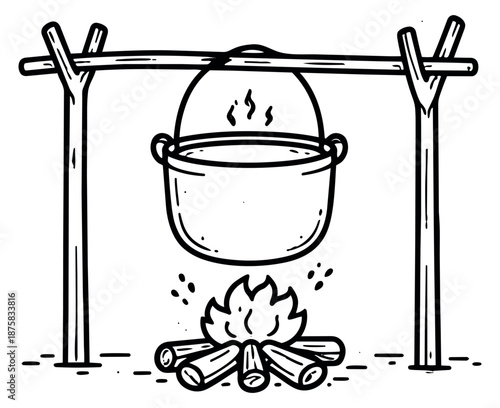 Hand drawn line art illustration of a cooking pot over a campfire depicting a steaming meal for outdoor adventures