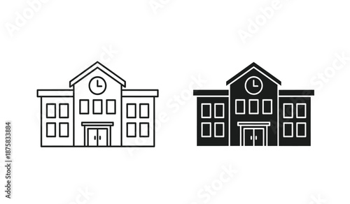Vector illustration of school building icon in line art and solid black style for educational or architectural use
