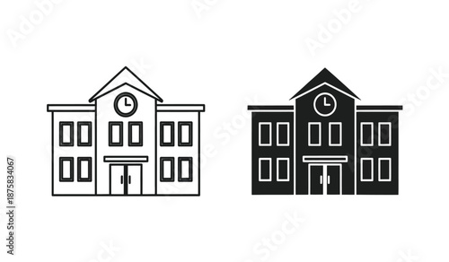 Two school buildings with clocks on the facade in black and white line art style