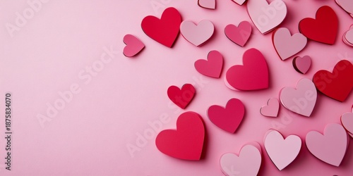 Colorful collection of hearts against a soft pink background. Great for Valentine's Day or celebrations of love and affection.