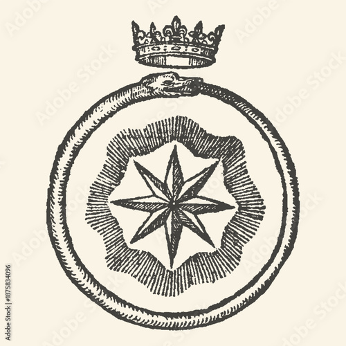 Vintage Occult Illustration of an Ouroboros Serpent Circle with Eight Pointed Star and Royal Crown - Antique Alchemical Symbol of Eternity and Mystical Wisdom in Woodcut Style