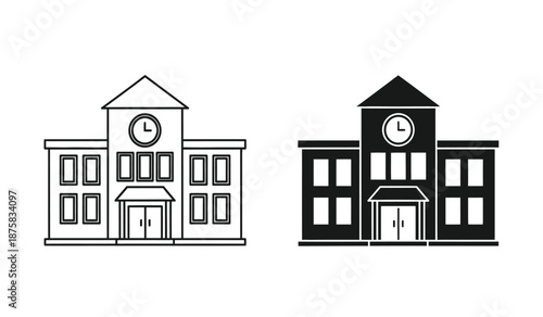 Two school building icons in black and white line art style