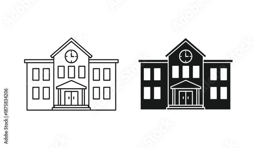 Vector illustration of two school building icons in black and white