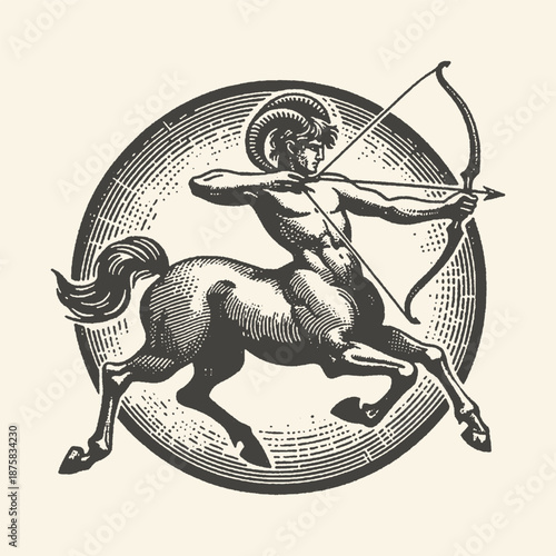 Vintage woodcut illustration of Sagittarius zodiac sign, a centaur archer with ram horns, aiming a bow and arrow within a circular border on a cream background.