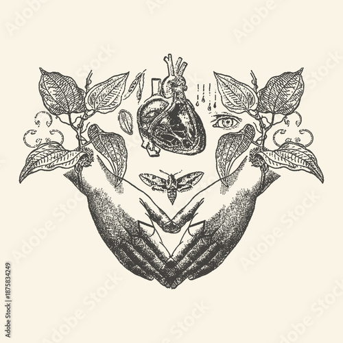 Vintage Surreal Engraving Illustration of Cupped Hands with Human Heart, Crying Eye, and Moth Symbols in Dark Academia Aesthetic Style
