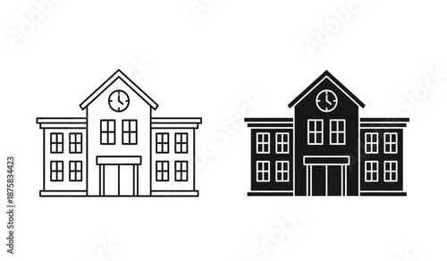 Vector illustration of two school building icons in black and white line art