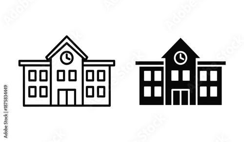 Two school building icons in black and white line art style