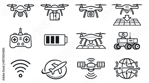 Line art drone technology set featuring various drones, a remote control, battery, satellite, rover, and connectivity symbols for modern technology and aerial surveillance