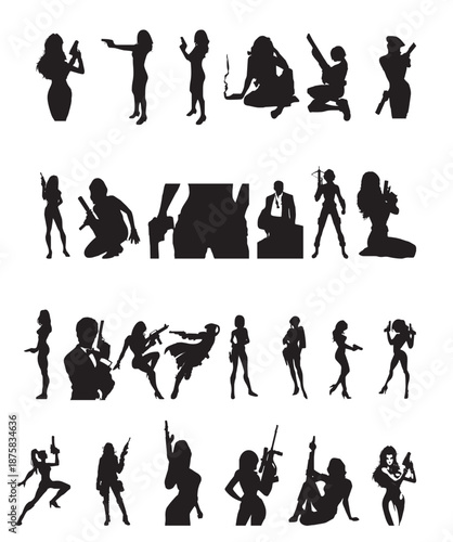 Dynamic silhouettes of armed female and male characters portraying action, espionage, and intrigue