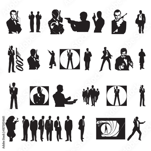 A compelling collection of iconic secret agent silhouettes, capturing various classic spy poses