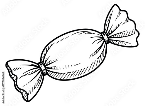 Hand drawn line art illustration of a wrapped candy depicting a sweet treat for confectionery designs