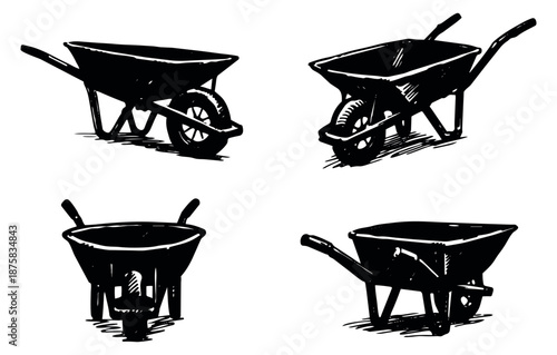 Hand drawn line art wheelbarrow set featuring various views for construction and gardening projects
