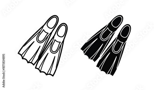 Black and white illustration of two pairs of flippers for swimming and diving