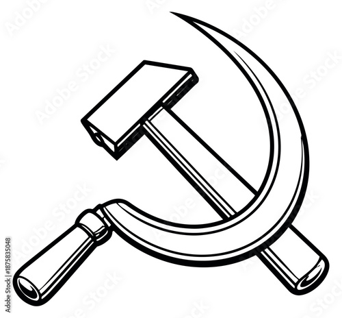 Line art illustration of a communist symbol depicting a hammer and sickle for political and historical themes