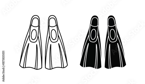 Black and white illustration of four swim fins in two pairs