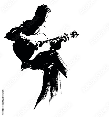 Artistic brush stroke illustration of a musician depicting playing a guitar for music and entertainment