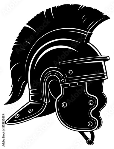 A black and white silhouette of a spartan helmet with a mohawk, black, helmet, illustration, logo, profile, shield, against transparent background
